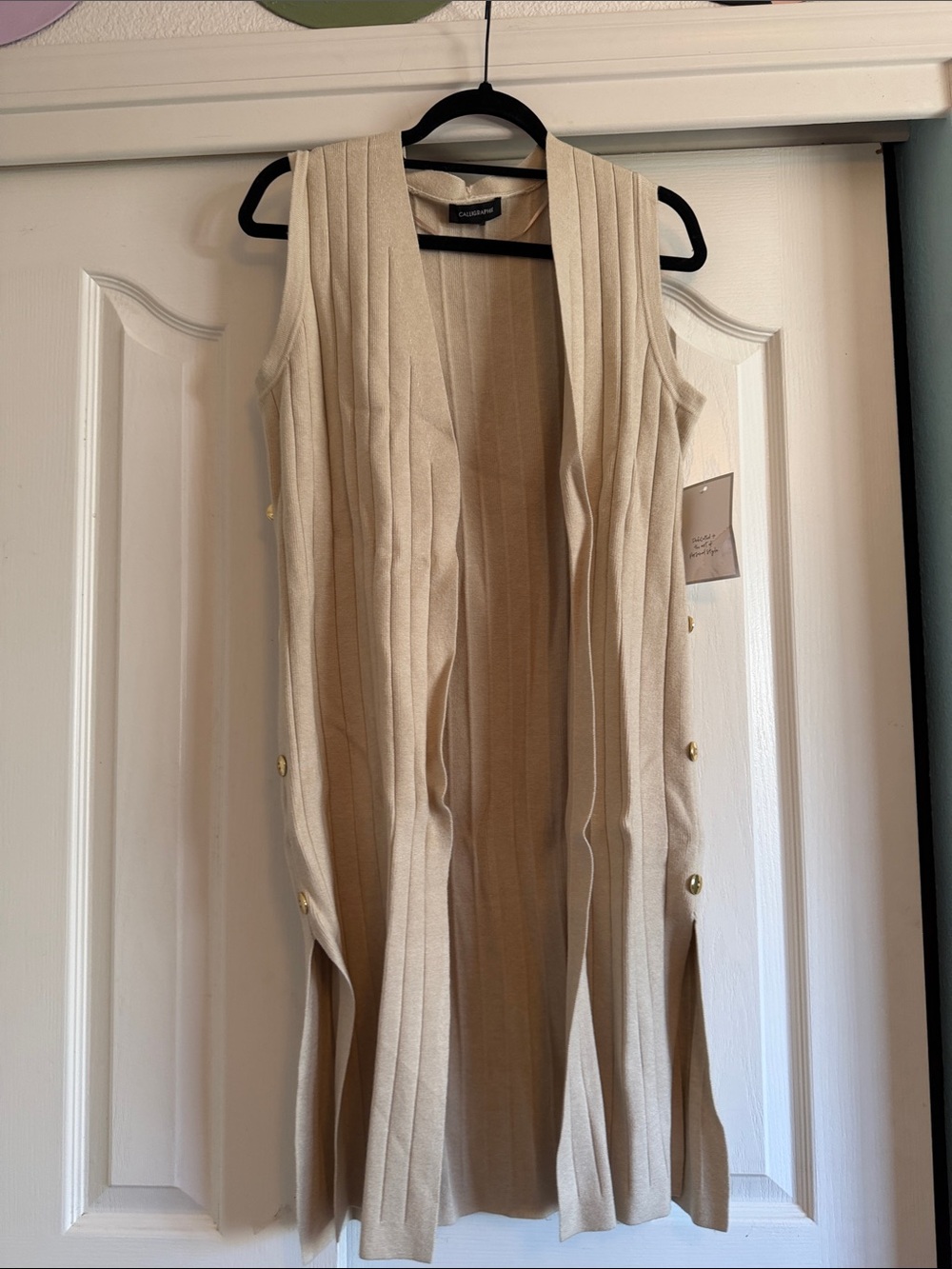 Beige Sleeveless Ribbed Long Cardigan with Gold Buttons
